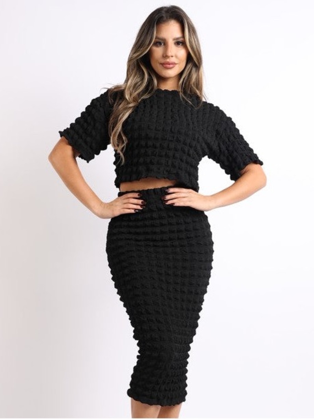 Dressed in LALA Black Bubble Pencil Midi Skirt Set - XL